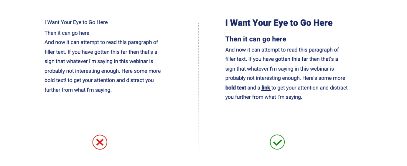 On the left is an example of a heading, subheading and paragraph of text all styles in the same typeface, text size and weight. On the right, is an example of the same text with variations in text size and weight used to differentiate the heading and sub-heading from the paragraph of text. Key words and links in the paragraph are bolded for emphasis. The link is also underlined.