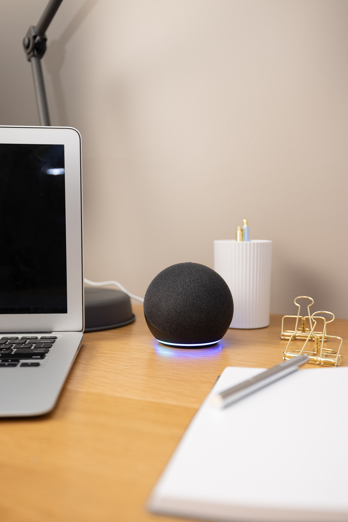 An Amazon Alexa device next to a computer