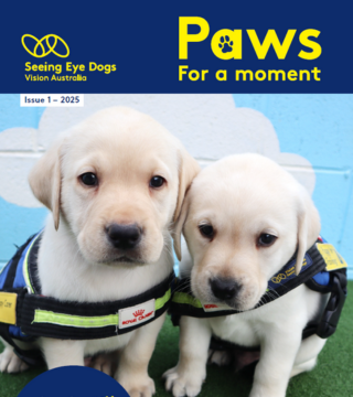 cover of the January 2025 edition of the Seeing Eye Dogs newsletter, PAWS for a Cause