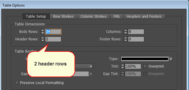 Table Options dialog shows Table Setup tab with 2 header rows, 34 body rows and 8 columns