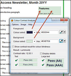 The Colour Contrast Analyser tool shows a ratio of 12.05:1 between text and its background, that it passes both level AA and AAA contrast.