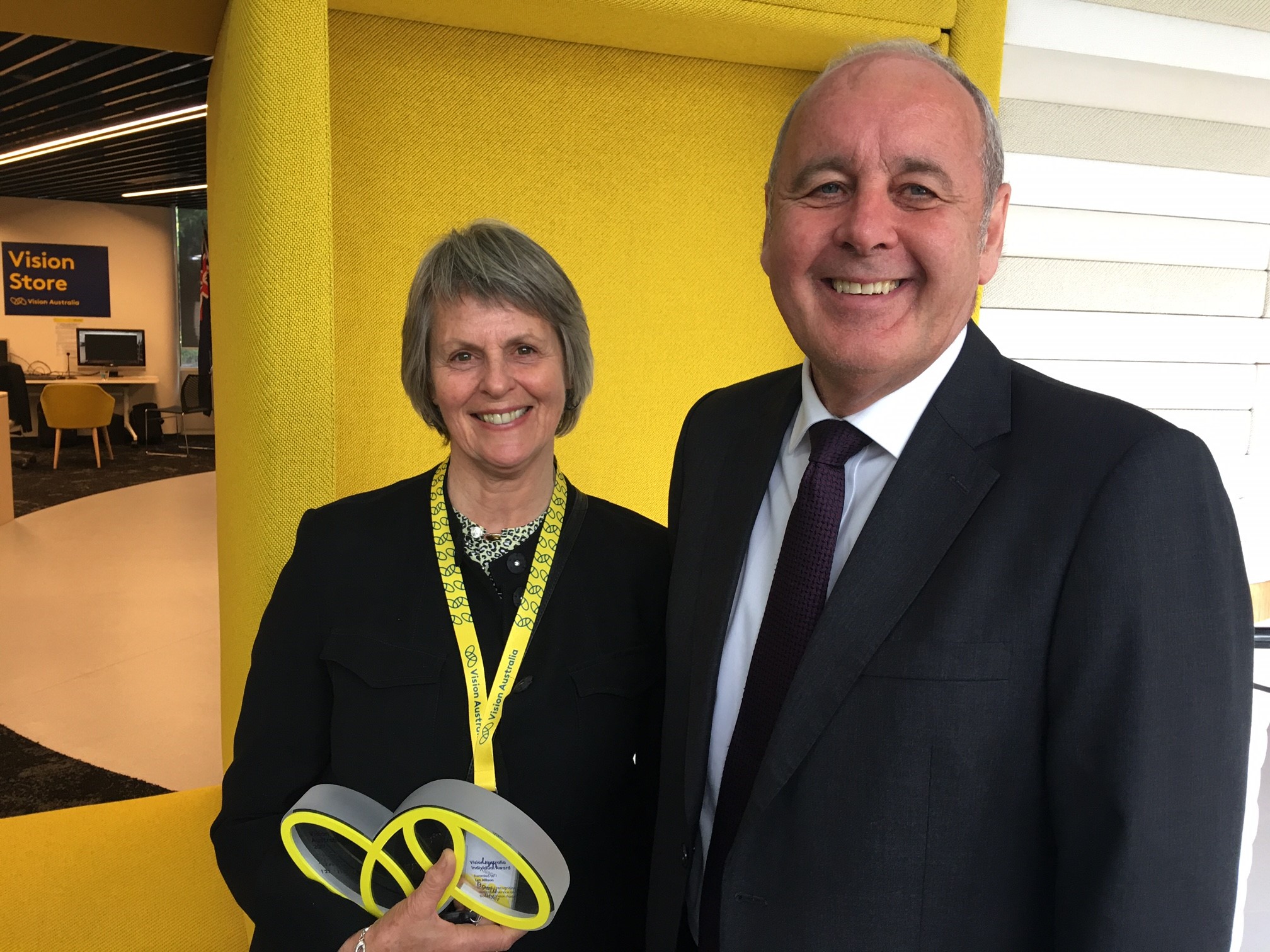 Lyn Allison, left, with Vision Australia CEO Ron Hooton