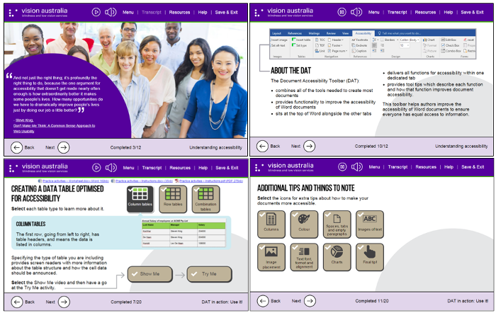 Four screenshots of the digital accessibility e-learning in a gallery