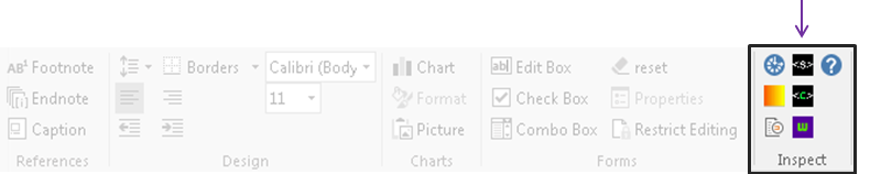 Inspect group. The Inspect group has 6 commands: Check Accessibility, Find Insufficient Colour Contrast, Doc Inspect, Save as HTML, Copy HTML and WORDS screen reader.