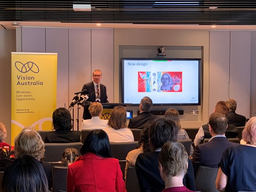 RBA assistant governor Lindsay Boulton speaks at the unveiling of the $20 note