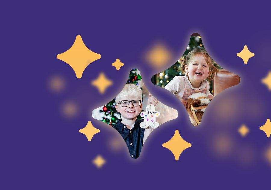 Montage of many sized gold stars with children's faces on dark purple background