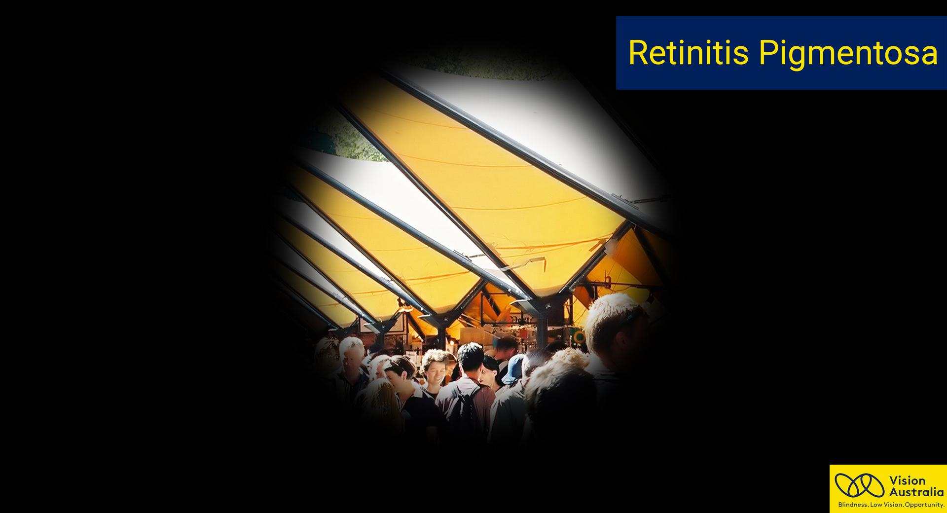 Simulation image of how retinitis pigmentosa affects vision. The scene is restricted to a circle in the centre, with the remaining scene blacked out.