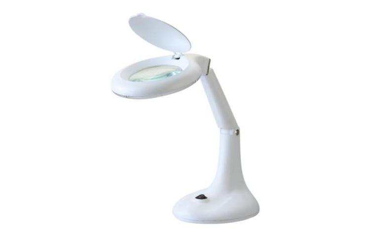 A white desk lamp with an adjustable arm and built-in magnifying glass.