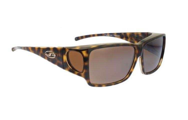 Tortoiseshell wraparound sunglasses with large, tinted lenses for eye protection.