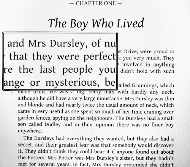 Example of a screen magnifier in use on desktop computer. A rectangular window is magnifying text on page 1, chapter on of Harry Potter and the Philosophers Stone e-book.