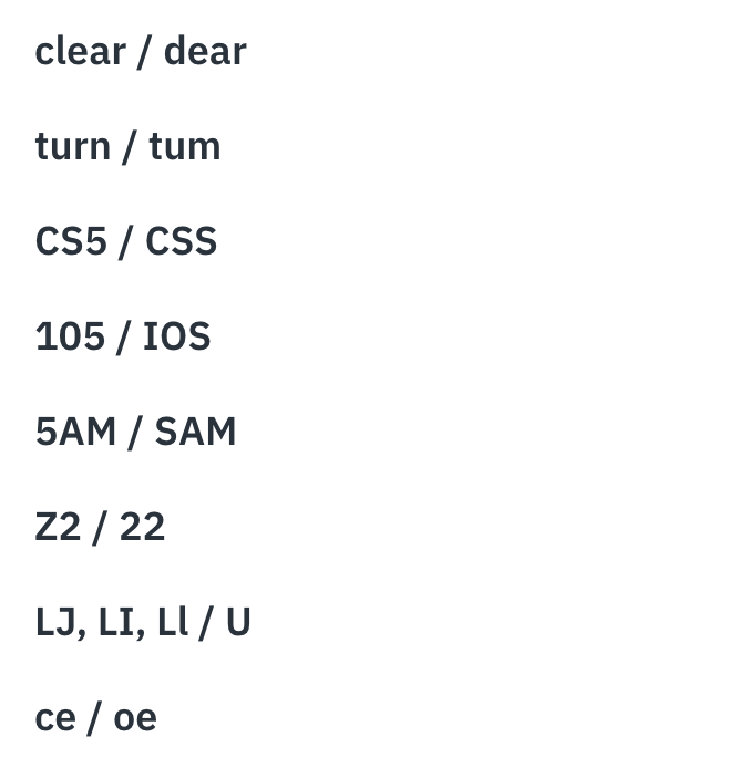 A list of word and character pairs that were confused by research participants who did not identify as having a disability. The list includes: clear / dear, turn / tum, CS5 / CSS, 105 / IOS, 5AM / SAM, Z2 / 22, LJ / LI / Ll / U and ce / co.